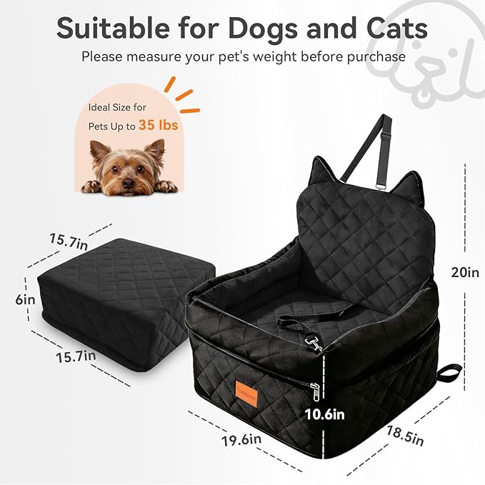 Dog Car Seat for Small/Medium Dogs Up to 35lbs,Elevated Cushion Fits in Front/Back Seat,Travel Safety Per Car Bed with Washable Removable Cover, Storage 2 Pockets Black
