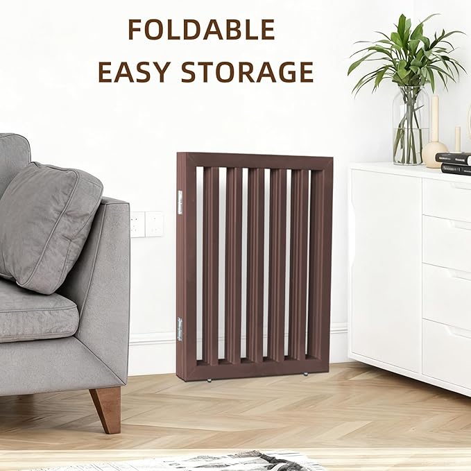 ZJSF Freestanding Indoor Dog Gate for House Foldable Wood Brown Puppy Gate for Doorways Pet Gate for Stairs Extra Wide Pet Fence 32" Height 2 Panels