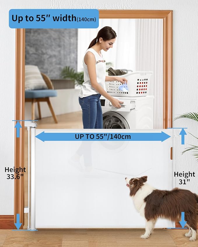 (2 Pack) Retractable Baby Gate for Doorways and Stairs, Mesh Safety Gate for Pet, Indoor & Outdoor Use, One-Hand Operation, Easy Installation, 33.6" Tall, Expands to 55" Wide（White,33.6"x55")