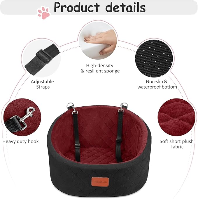 Dog Car Seat for Small Dogs Up to 30 Lbs,Ultra Soft Fabric Fill in Comfy Memory Foam,Happy Pet Ride,2 Safety Dog Leashes,Fully Detachable and Washable,Anti Slip Base(Black/Red)