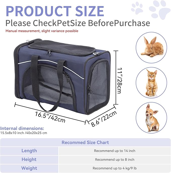 ‌Petsfit Airline Approved Pet Carrier for Small Cats, 16.5x8.6x11 TSA Approved Carrier, with Removable Dual-Sided Padding (2-Way Placement) - Fits Under Most Airplane Seats, Escape Proof (Navy)