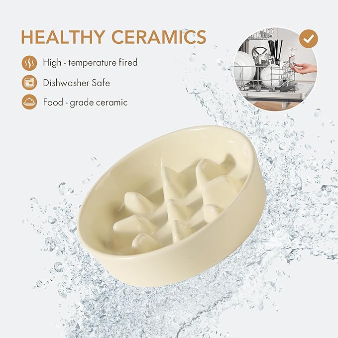 Ceramic 1.2 Cup Dog Raised Slow Feeder Set, Elevated Bowl with Wooden Stand for Medium and Small Dog, 7.3inch Slow Feeder Dish for Fast Easters (Beige, Single Bowl+ Stand)