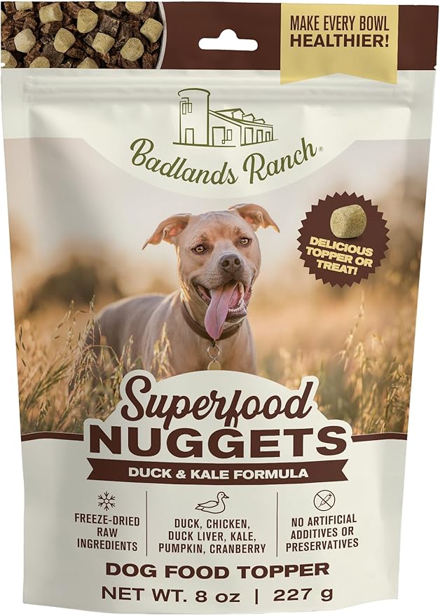 BADLANDS RANCH Superfood Nuggets – Freeze-Dried Raw Dog Treat & Food Topper, Nutrient-Dense Duck & Kale Formula, High Protein, No Artificial Additives, 8oz Bag