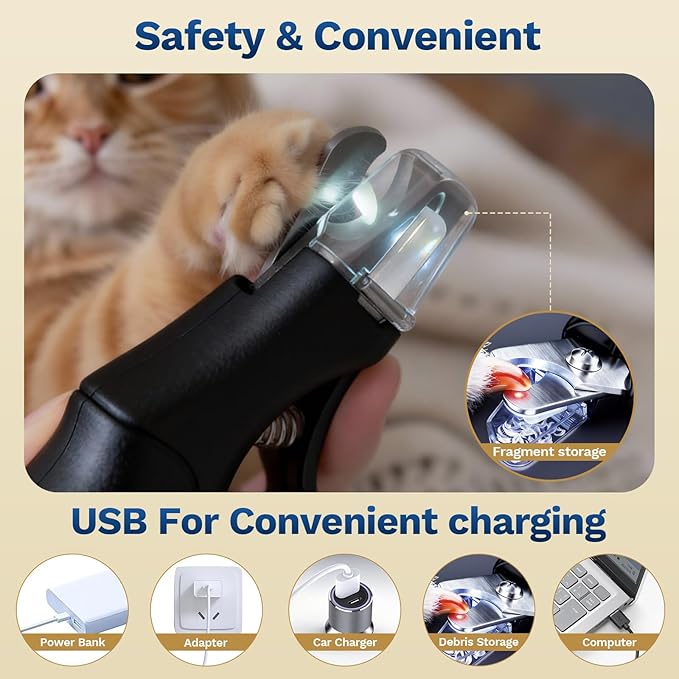 2-in-1 Dog & Cat Nail Clipper with Grinder - Dual Highlight LED Reduce Over-Trimming, Long Battery Cordless USB-C Rechargeable, Safety Lock & Catcher Cap, Quiet Home Grooming for Small Large Pets
