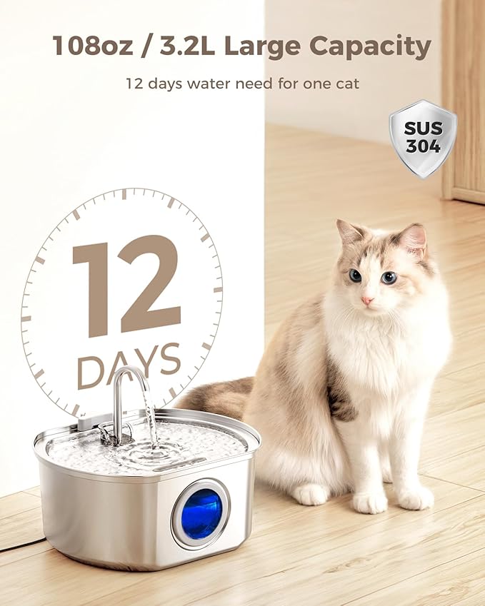 Cat Water Fountain Stainless Steel: 108oz/3.2L Cat Fountain for Drinking - Pet Water Fountain Inside - Automatic Dog Watering Dispenser Bowl - Pet Feeding & Watering Supplies - Water Level Window