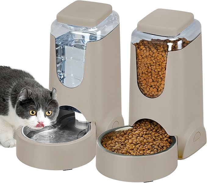 2 Pack Automatic Cat Feeder and Stainless Steel Water Dispenser, Gravity Dog Waterer Set Food Feeder and Waterer Set for Small Medium Kitten Puppy Pets(1 Gallon x 2, Brown)