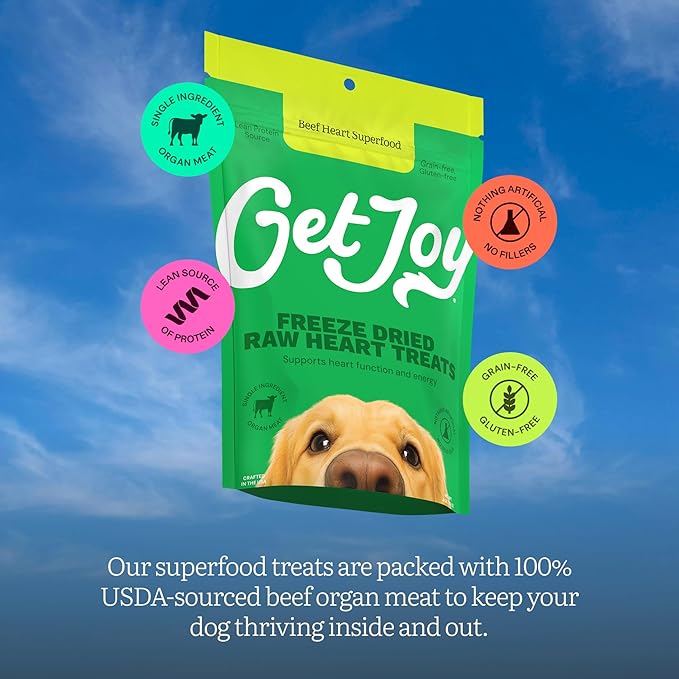 Get Joy Freeze Dried 100% Beef Heart Dog Treats, 4oz | Single Ingredient Organ Meat, High Protein Raw Dog Food Topper, Snack & Training Rewards | Grain Free, Gluten Free, Filler Free