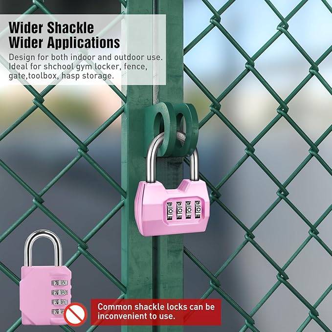 1 Pack disecu 4-Digit Combination Lock, Waterproof Outdoor Padlock for School Gym Locker, Fence, Gate, Shed, Storage Unit (Pink)