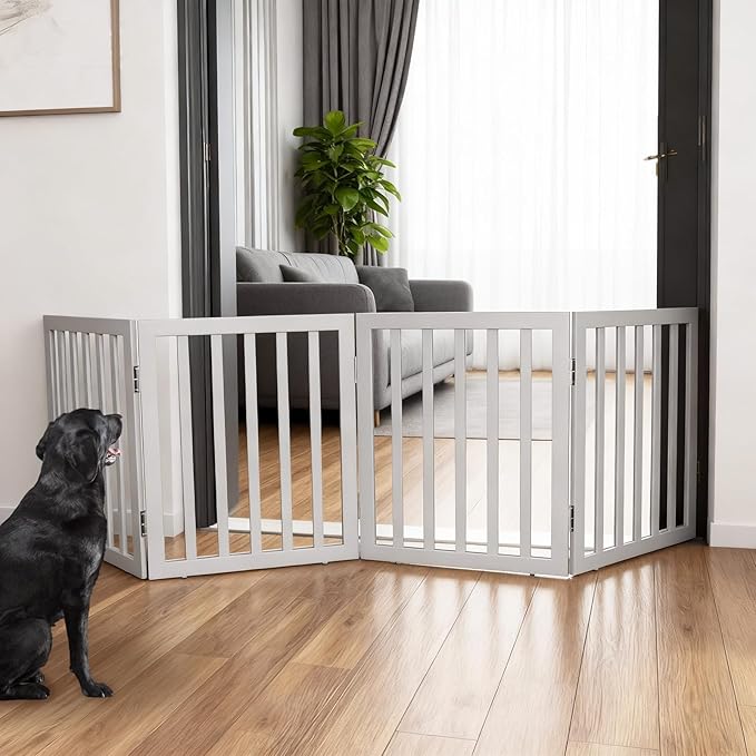 ZJSF Freestanding Indoor Dog Gate for House Foldable Wood Grey Puppy Gate for Doorways Pet Gate for Stairs Extra Wide Pet Fence 24" Height 4 Panels