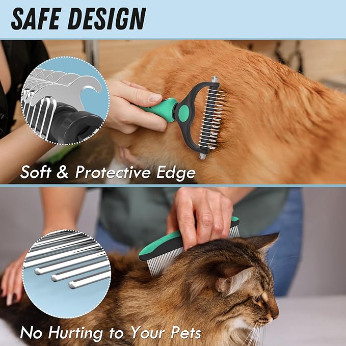 Pet Grooming Brush and Metal Comb Combo, Cat Brush Dog Brush for Shedding, Undercoat Rake for Dogs Grooming, Dematting Deshedding Brush Dogs Shedding Tool for Long matted Haired Pets, Green