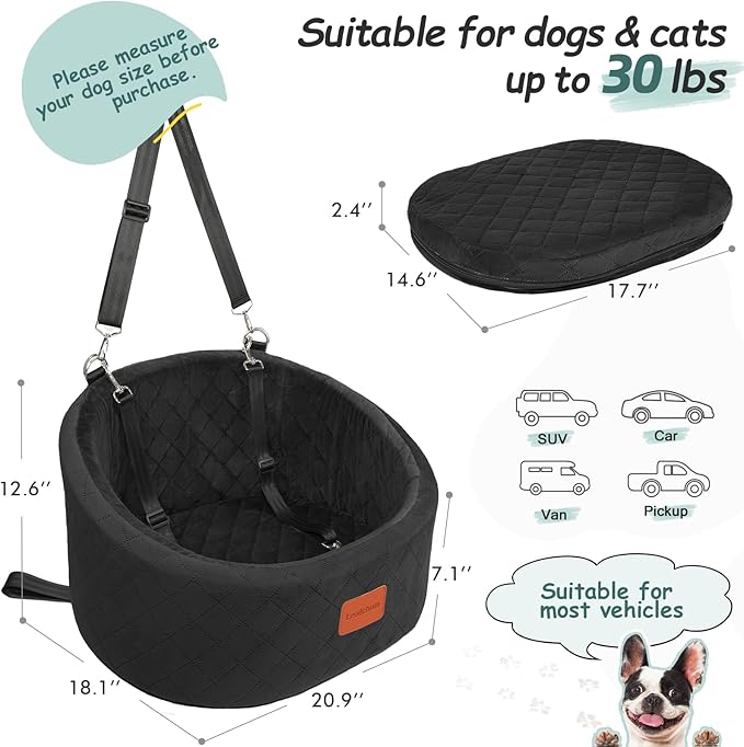 Dog Car Seat for Small Dogs Up to 30 Lbs,Ultra Soft Fabric Fill in Comfy Memory Foam,Happy Pet Ride,2 Safety Dog Leashes,Fully Detachable and Washable,Anti Slip Base(Black)