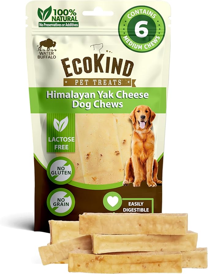 EcoKind Premium Gold Yak Cheese Himalayan Dog Chews, Healthy Dog Treats for Medium Dogs, All Natural, High Protein Dog Chew, Water Buffalo, Medium - 6 Chews