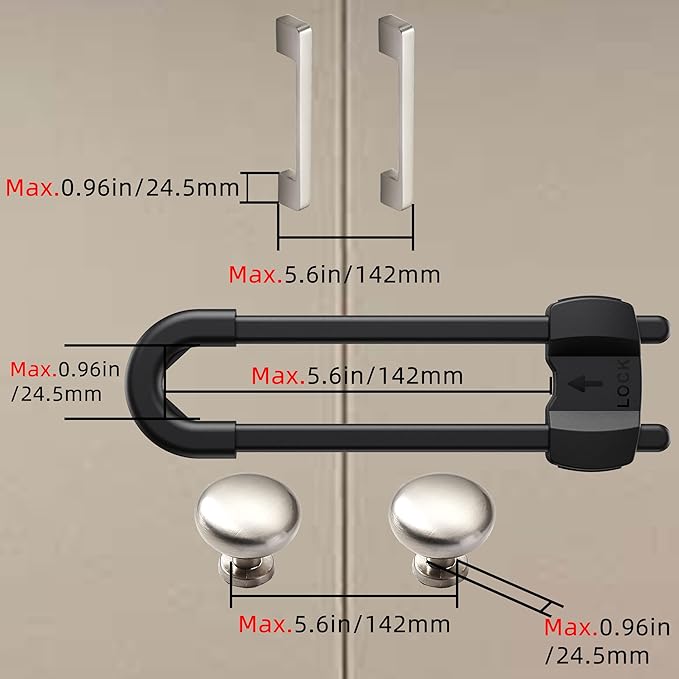 (10 pack black) 4 button Cabinet Locks, U-Shaped Proofing Drawers Safety Child Locks Adjustable, for Wardrobe,Kitchen,Bathroom,Drawer,Fridge,Cupboard Doors Knobs & Handles