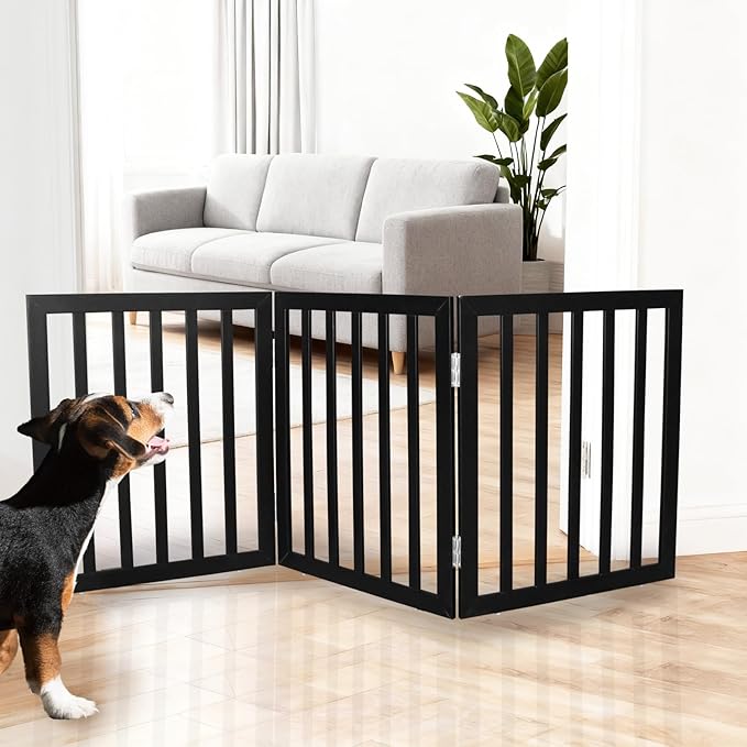 ZJSF Freestanding Indoor Dog Gate for House Foldable Wood Black Puppy Gate for Doorways Pet Gate for Stairs Extra Wide Pet Fence 24" Height 3 Panels