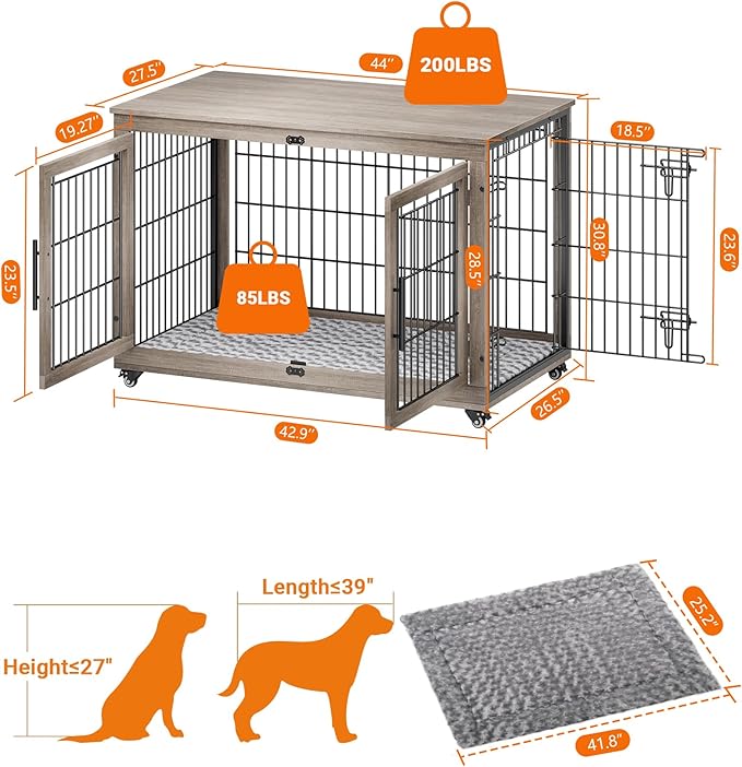 YaFiti Dog Crate Furniture with Cushion, Wooden Dog Kennel Indoor with Double Doors, Dog Cage with Wheels, Dog House Side End Table for Large Dogs up to 85 lb, 44" L, Grey
