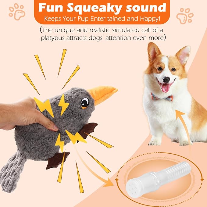 Platypus Dog Toy, Squeaky Interactive Plush Toy with Realistic Sound, Crinkle Paper, Soft & Durable for Indoor or Outdoor Tug of War, Training Reward for Small Medium Large Dogs