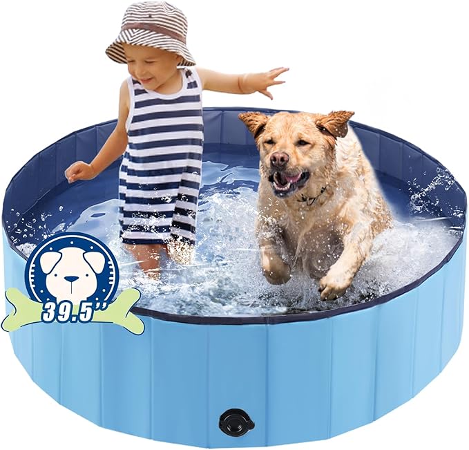 Foldable Dog Pool, Portable Pet Bath Tub and Kiddie Swimming Pool, Collapsible Bathtub for Puppies, Small, Medium and Large Dogs, Cats and Kids, 39.5 x 12 in, Blue