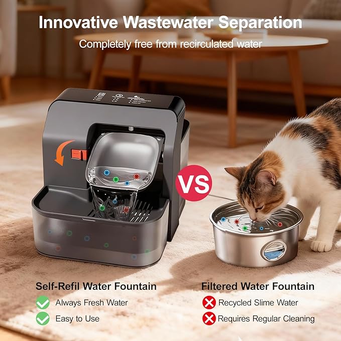 Cat Water Fountain No Filter, Wastewater Separation Cat Water Dispenser, 3.2L Rechargeable Pet Water Fountain for Cats & Small Dogs Indoor, Stainless Steel Bowl