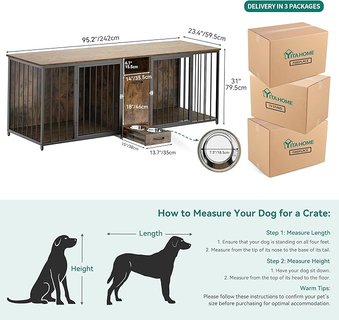 YITAHOME 94.5" Large Dog Crate Furniture with Feeder Bowls, Heavy Duty Dog Kennel with Room Divider and Drawer, Wooden Dog House TV Stand Table Indoor for 2 Large/Medium Dogs, Brown