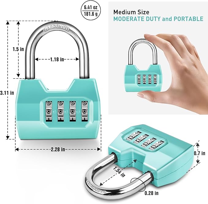 1 Pack disecu 4-Digit Combination Lock, Waterproof Outdoor Padlock for School Gym Locker, Fence, Gate, Shed, Storage Unit (Turquoise)