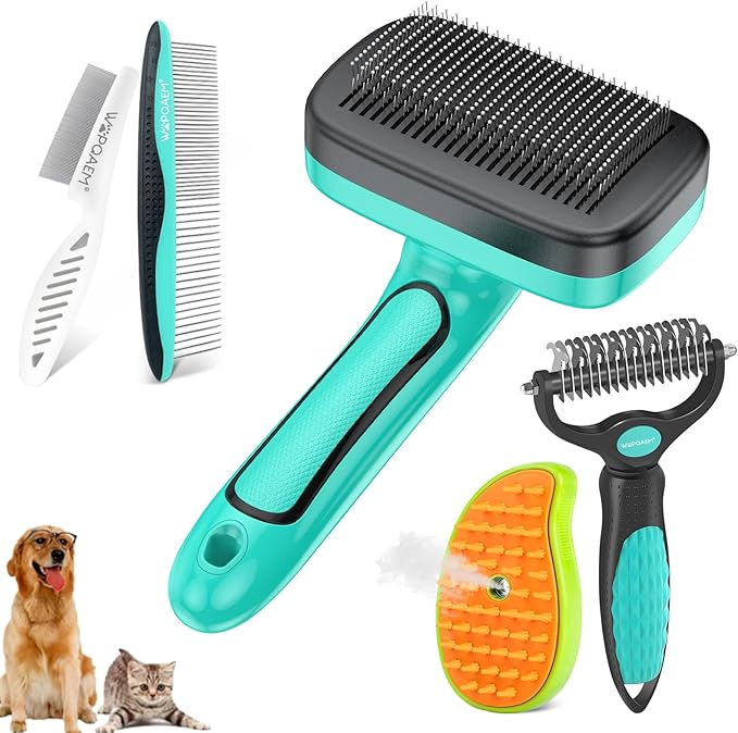 6 PCS Self Cleaning Slicker Brush & Undercoat Rake & Bath Brush & Flea Comb & Pet Comb & Steam Brush for Dogs and Cats,Professional Deshedding Dematting Tool for Long and Short Haired Pets
