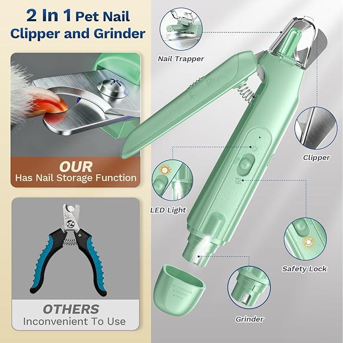 2-in-1 Dog & Cat Nail Clipper with Grinder - Dual Highlight LED Reduce Over-Trimming, Long Battery Cordless USB-C Rechargeable, Safety Lock & Catcher Cap, Quiet Home Grooming for Small Large Pets