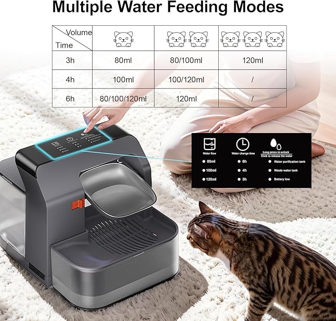 Cat Water Fountain No Filter, Wastewater Separation Cat Water Dispenser, 3.2L Rechargeable Pet Water Fountain for Cats & Small Dogs Indoor, Stainless Steel Bowl