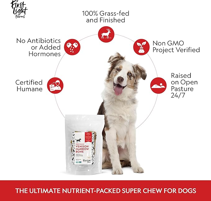 First Light Farms Venison Marrow Bones for Dogs | Long Lasting Chews | 3 Pack Natural Dog Chews for Teeth, Joint Health, and Mental Stimulation | Rawhide Free | Safe & Healthy Treats | 5.2 Inch
