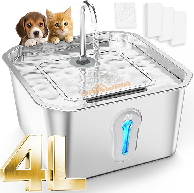 4L Large Capacity Cat Water Fountain Stainless Steel with 3 Filters Pet Water Fountain for Drinking Watering Supplies Pets Dog Small Animal Automatic Cat Water Dispenser for Cats Quiet Indoor
