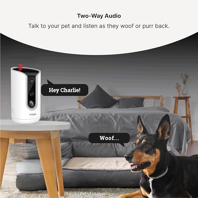 WaggleCam 2K Pet Camera and Treat Dispenser with 360° AI Tracking, 2-Way Audio, Motion Alerts, Night Vision, Dual-Band WiFi (2.4 GHz or 5 GHz) – Indoor Use