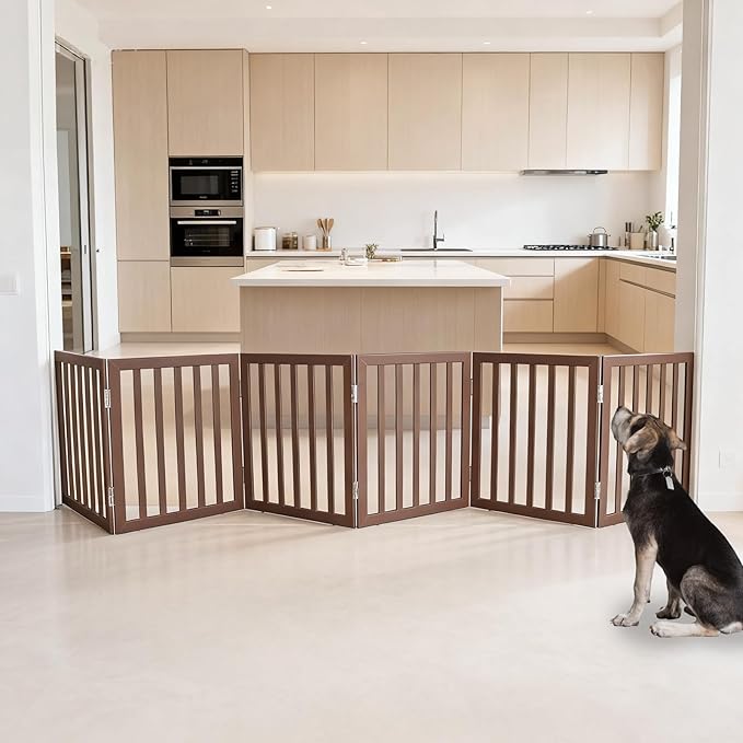 ZJSF Freestanding Indoor Dog Gate for House Foldable Wood Brown Puppy Gate for Doorways Pet Gate for Stairs Extra Wide Pet Fence 24" Height 6 Panels