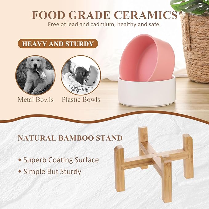 Yellow Ceramic Elevated Raised Cat Bowl with Wood Stand No Spill Pet Food Water Feeder Cats Small Dogs