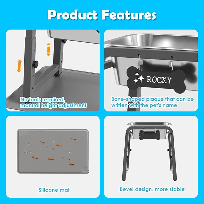 1.2 Gallon Elevated Large Dog Water Bowl with Mat, 4 Height Adjustable 12-17", Raised Dog Water Bowl Stand for Large Breed