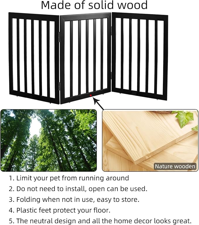 ZJSF Freestanding Indoor Dog Gate for House Foldable Wood Black Puppy Gate for Doorways Pet Gate for Stairs Extra Wide Pet Fence 32" Height 3 Panels