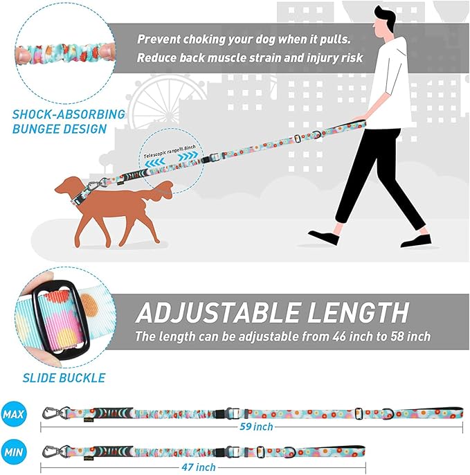 Hotsky Tactical Dog Leash Heavy Duty for Medium Large Dogs That Pull,4-6Ft Strong Bungee Shock Absorbing No Pull Dog Leash with Padded Double Handle and Car Seatbelt,Daisy