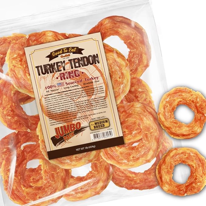 Gootoe Turkey Tendons for Dogs –All-Natural, Hypoallergenic Dog Treats, Rawhide Alternative, Long Lasting Puppy Chews, Healthy Dog Treats for Medium Breeds, Ring (M), 16 oz Pack (1 lb)