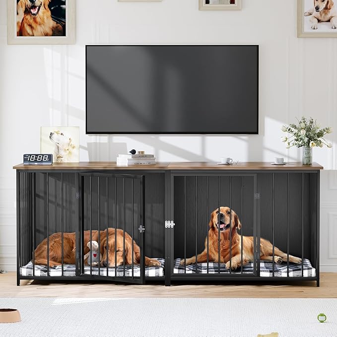 YITAHOME Double Dog Crate Furniture, 80.2 inch Large Breed Dog Kennel with Divider, Heavy Duty Dog House TV Stand Indoor for 2 Medium Dogs, Black