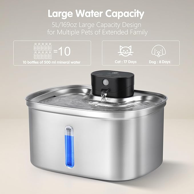 5L/169oz Automatic Stainless Steel Pet Water Fountain for Cats & Dogs, Cordless Cat Dog Drinking Fountain with 5000mAh Rechargeable Battery, Ultra-Quiet Pump & 3 Smart Modes