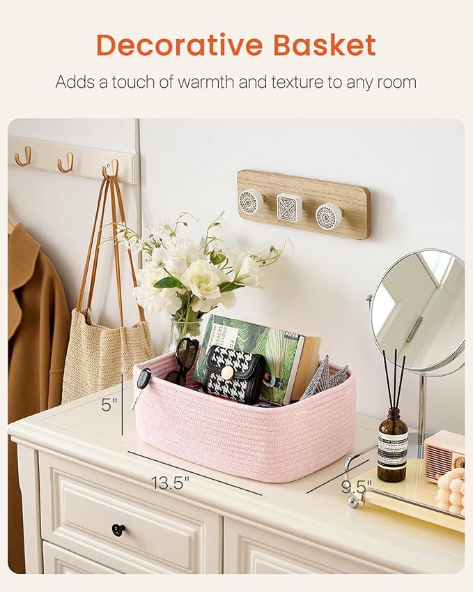 Small Woven Basket, 13.5 x 9.5 x 5 Inches, Storage Basket for Organizing, Cute Small Rope Shelf Closet Cube Storage Bins Baskets for Shelves, Dog Toy Gift Baskets Empty, 3 Pack Light Pink