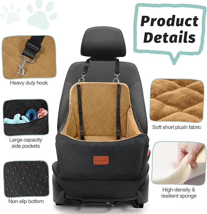 Dog Booster Car Seat for Medium Dogs Up to 40lbs Pets,Easy to Install,Fully Detachable and Washable,Anti-Slip Base,Snug Puppy Car Seat with 2 Clip-On Leashes(Black/Coffee,Medium)