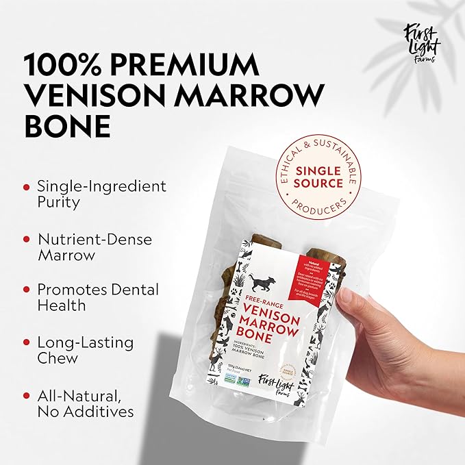 First Light Farms Venison Marrow Bones for Dogs | Long Lasting Chews | 3 Pack Natural Dog Chews for Teeth, Joint Health, and Mental Stimulation | Rawhide Free | Safe & Healthy Treats | 5.2 Inch