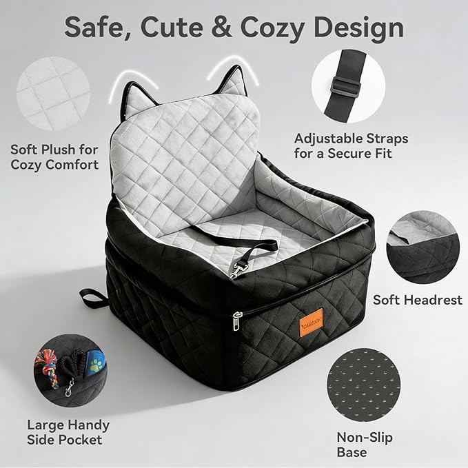 Dog Car Seat for Small/Medium Dogs Up to 35lbs,Elevated Cushion Fits in Front/Back Seat,Travel Safety Per Car Bed with Washable Removable Cover, Storage 2 Pockets Black-Grey