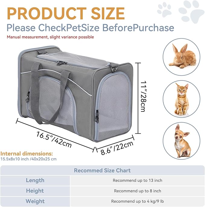 ‌Petsfit Airline Approved Pet Carrier for Small Cats, 16.5x8.6x11 TSA Approved Carrier, with Removable Dual-Sided Padding (2-Way Placement) - Fits Under Most Airplane Seats, Escape Proof (Grey)