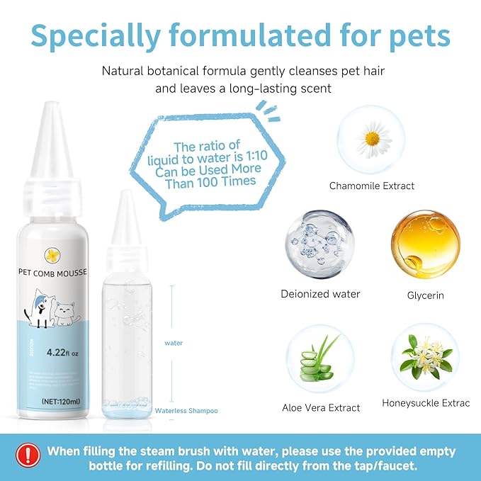 Pet Steam Brush Set for Dogs & Cats, Includes 3-in-1 Self Cleaning Spray Comb, Waterless Shampoo, Defur Tool, Bath Gloves, Bath Brush, Tooth & Ear Brush, Towel (11PCS)