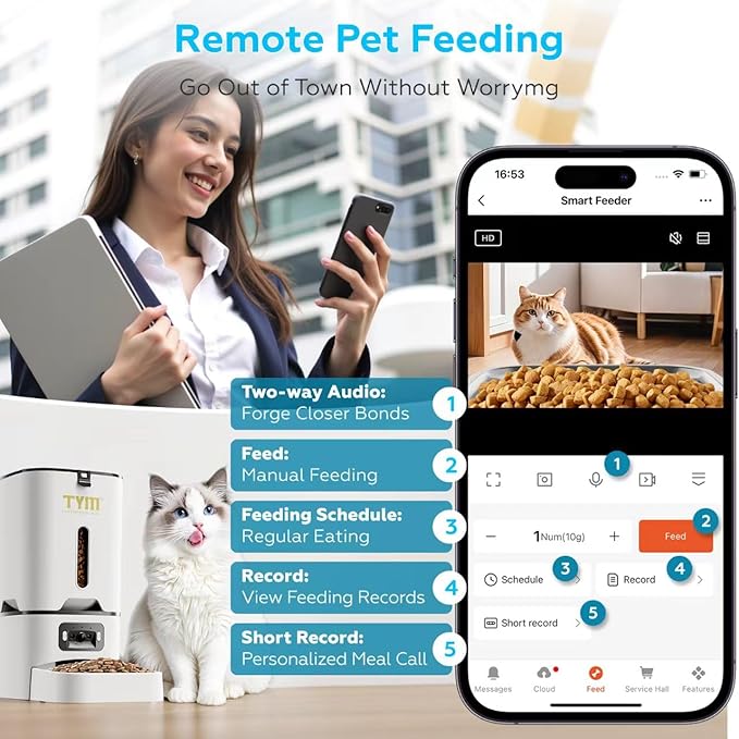 TYM Automatic Cat Feeder with Camera, 5G WiFi Auto Cat Dog Food Dispenser with APP Remote Control, 7L Large Food Storage for Multiple Pets, Scheduled Feeding, Stainless Steel Bowl, Easy Clean
