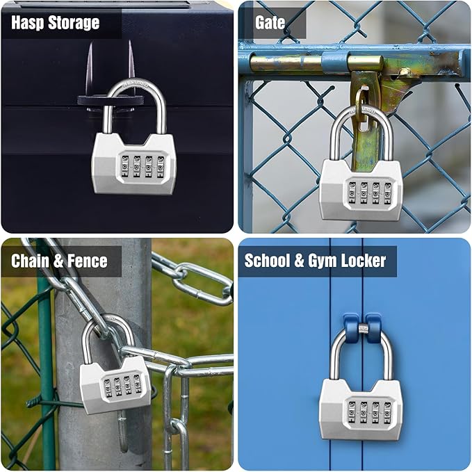 1 Pack disecu 4-Digit Combination Lock, Waterproof Outdoor Padlock for School Gym Locker, Fence, Gate, Shed, Storage Unit (Silver)