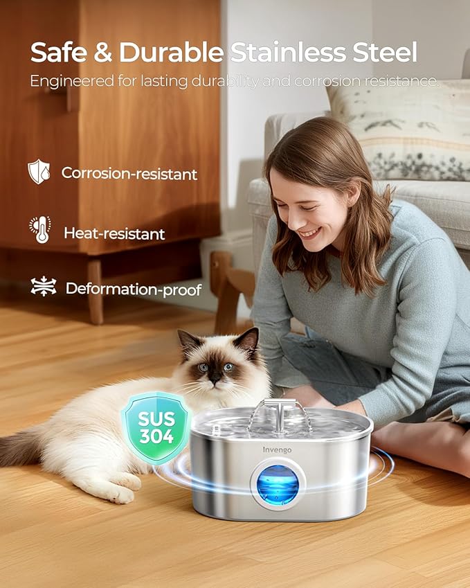 Cat Water Fountain Stainless Steel: 2.2L/74oz Automatic Pet Water Fountain for Cats & Dogs, Quiet Cat Fountain with 5-Layer Filter, Easy to Clean & Durable Dog Water Fountain