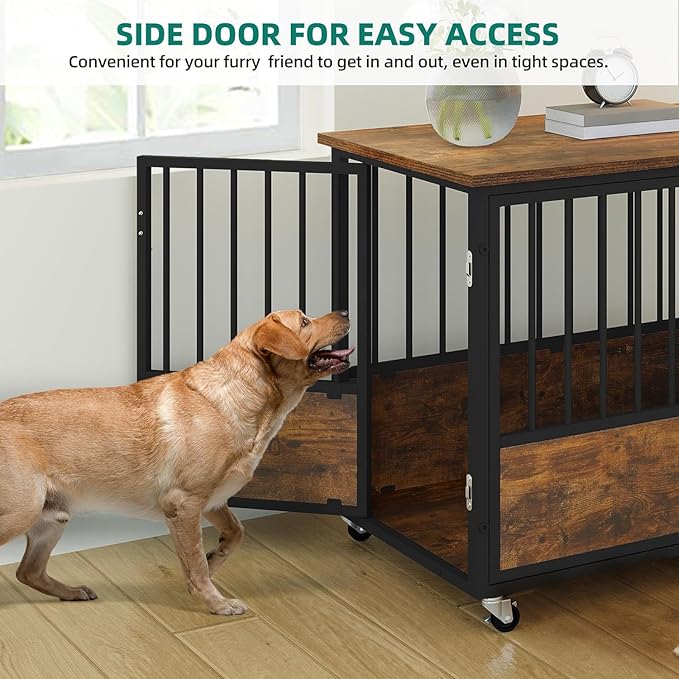 YITAHOME Rustic Heavy Duty Dog Crate Furniture with Wheels, Double-Doors Metal Dog Kennel Indoor for Small Medium Dogs, Decorative Dog House Side End Table, Chew-Resistant Wooden Dog Cage