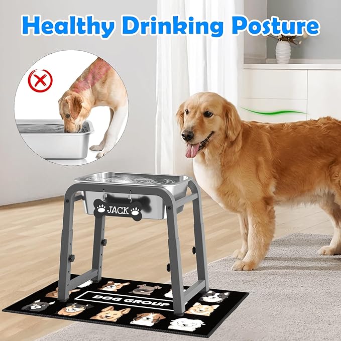 1.2 Gallon Elevated Dog Water Bowl, Height Adjustable (11–17'') Raised Stainless Steel Bowl with Spill-Proof Mat & Sturdy Metal Stand, Tip-Proof, Easy to Clean, Indoor & Outdoor Use