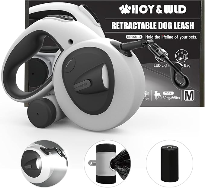 HCY&WLD Upgrade 4-in-1 Retractable Dog Leash with LED Light & Dispenser & Poop Bags, 16 ft Heavy Duty Dog Leash with Anti-Slip Handle for Dogs up to 66 lbs, 360° Tangle-Free, One Button Brake & Lock